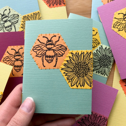 Hexagon Bee - Original Linocut Art Card (Individual)