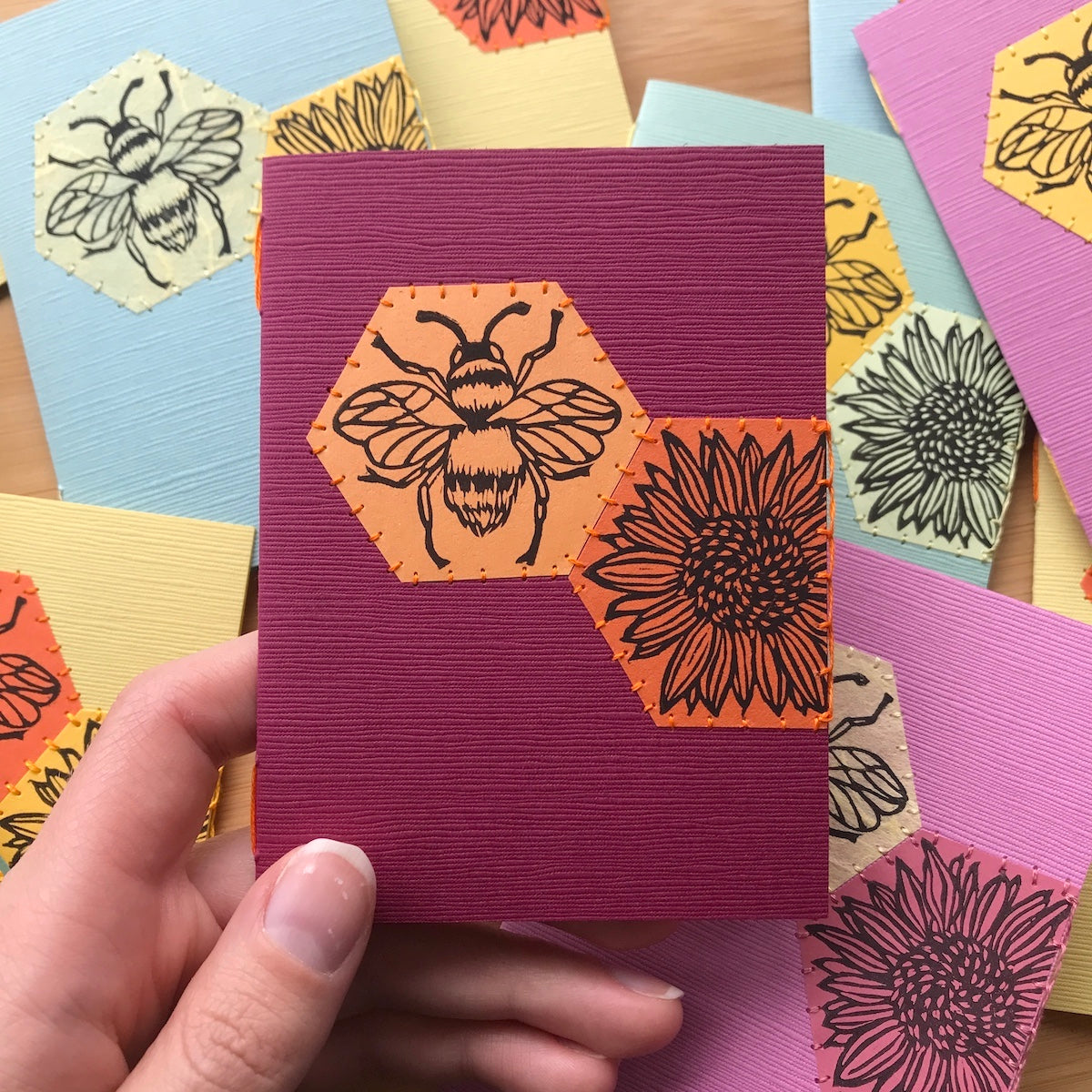 Hexagon Bee - Original Linocut Art Card (Individual)