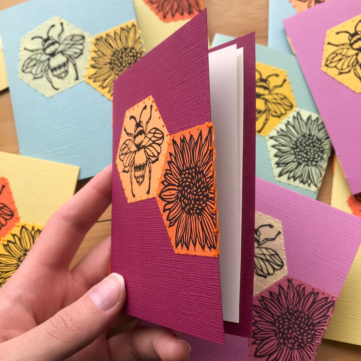 Hexagon Bee - Original Linocut Art Card (Individual)