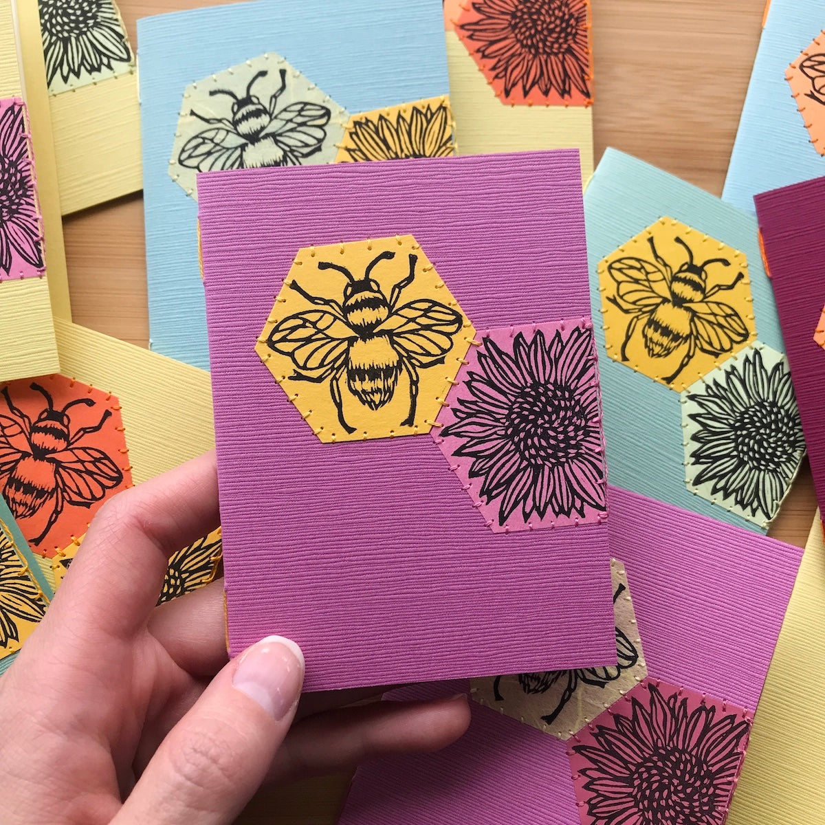 Hexagon Bee - Original Linocut Art Card (Individual)