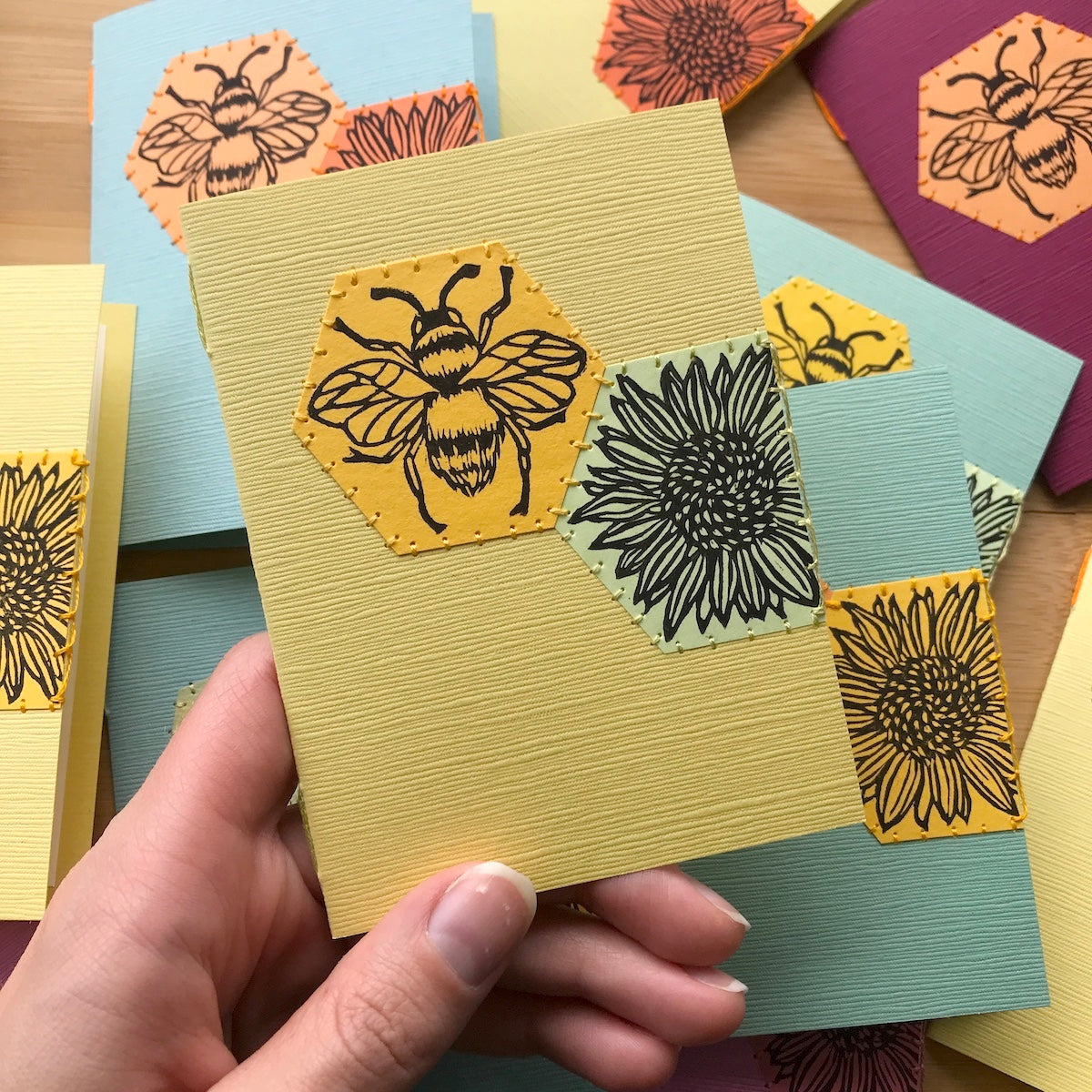 Hexagon Bee - Original Linocut Art Card (Individual)