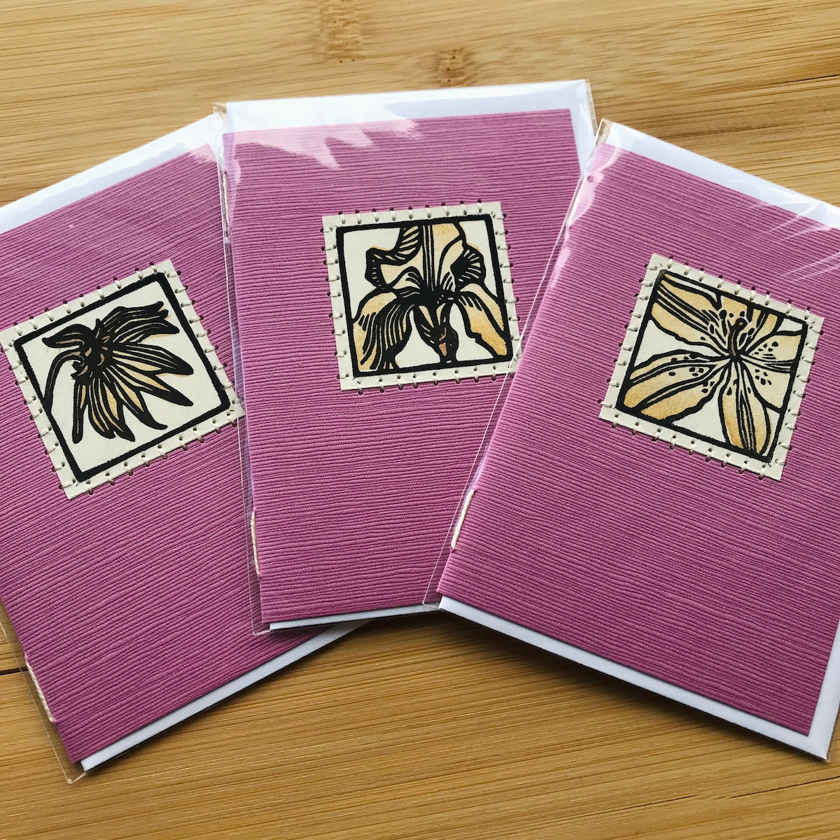 Spring Flower Trio - Original Linocut Art Card (3 PACK)