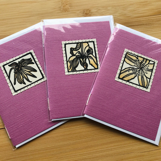 Spring Flower Trio - Original Linocut Art Card (3 PACK)