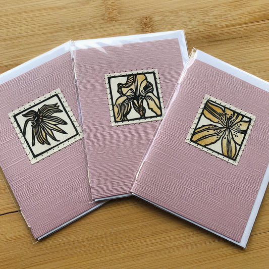 Spring Flower Trio - Original Linocut Art Card (3 PACK)