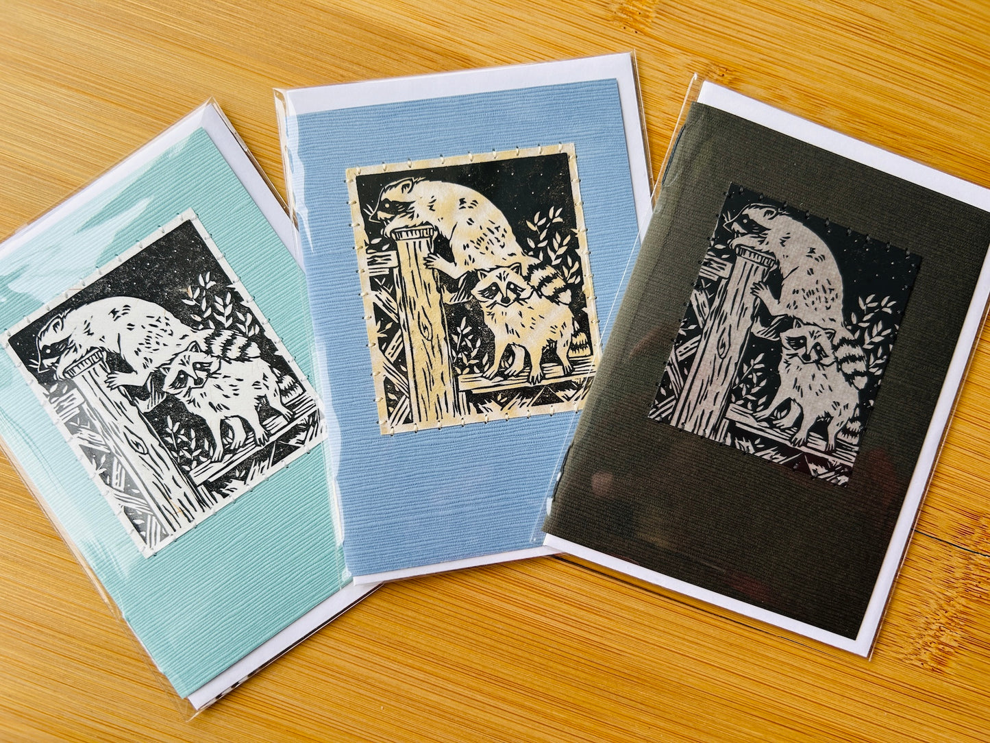 Racoons - Original Linocut Art Card (Individual)