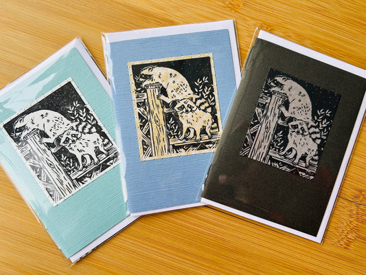Racoons - Original Linocut Art Card (Individual)