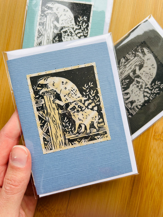 Racoons - Original Linocut Art Card (Individual)