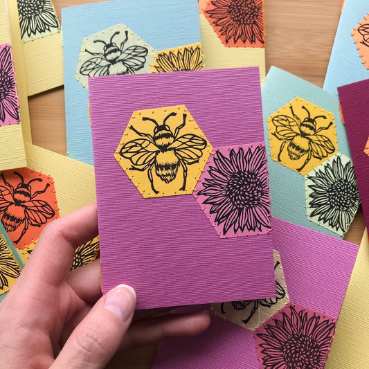 Hexagon Bee - Original Linocut Art Card (Individual)